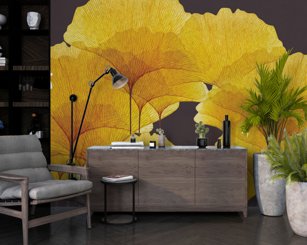 Golden Ginkgo Wallpaper : Yellow Leaves On Charcoal Mural - View 5