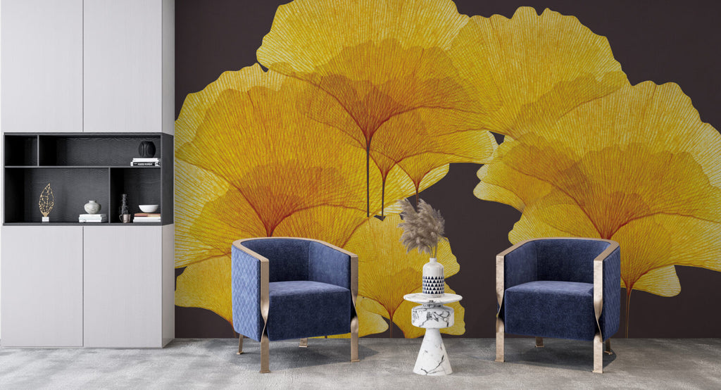 Golden Ginkgo Wallpaper : Yellow Leaves On Charcoal Mural - View 2