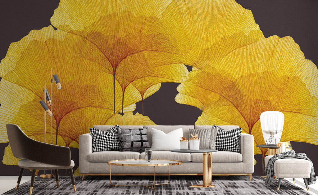 Golden Ginkgo Wallpaper : Yellow Leaves On Charcoal Mural