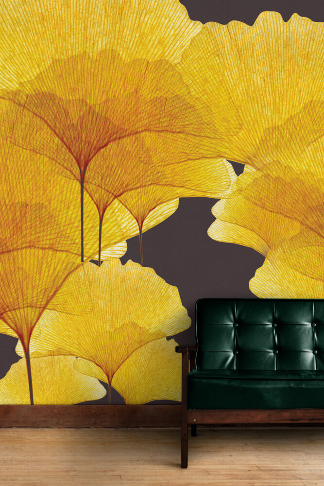 Golden Ginkgo Wallpaper : Yellow Leaves On Charcoal Mural - View 6