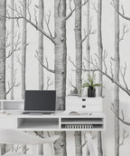 Birch Forest Wallpaper : Sketched Grey Trees Mural - View 6