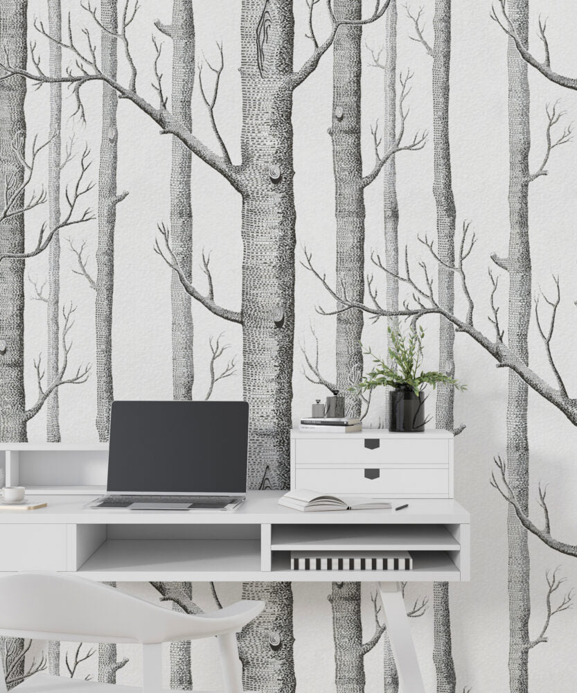 Birch Forest Wallpaper : Sketched Grey Trees Mural - View 6