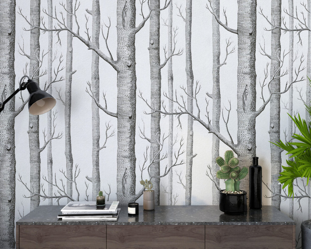 Birch Forest Wallpaper : Sketched Grey Trees Mural - View 5