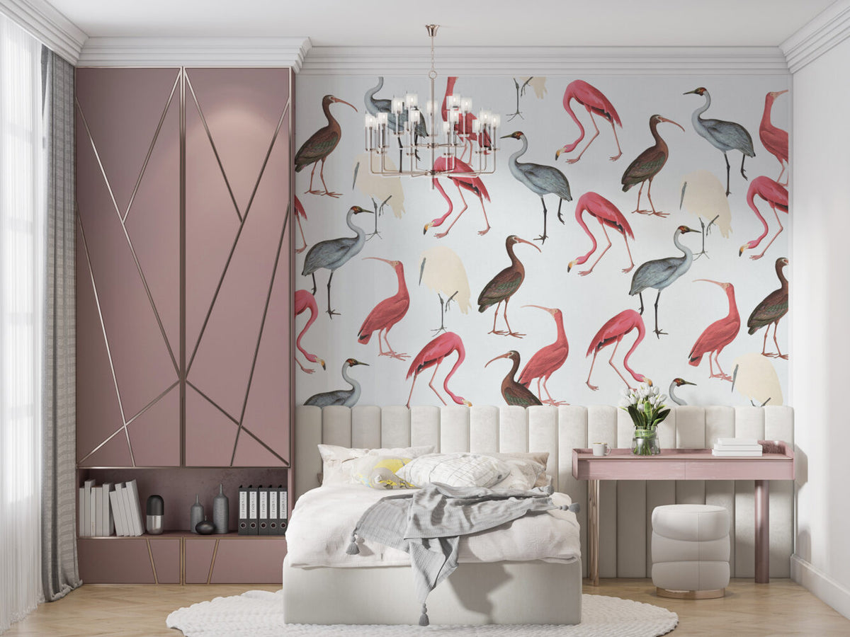 Flamingo And Ibis Wallpaper : Pastel Wading Birds Mural - View 5