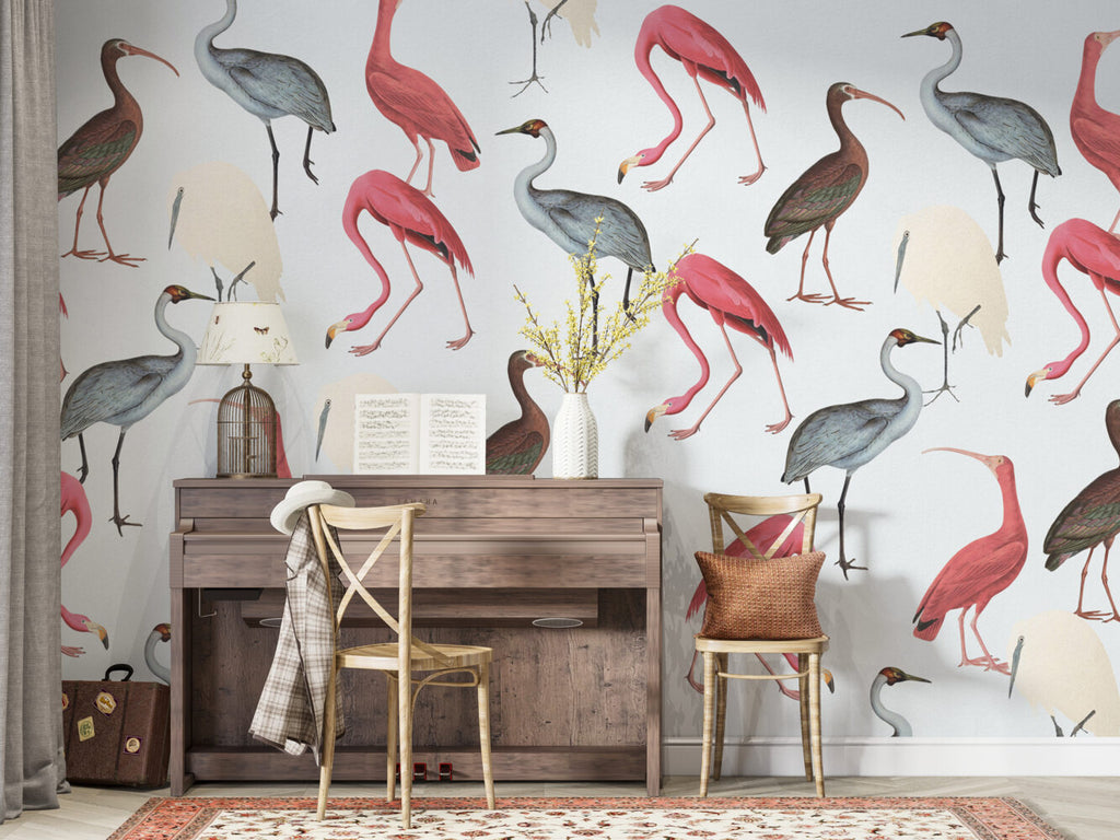 Flamingo And Ibis Wallpaper : Pastel Wading Birds Mural - View 6