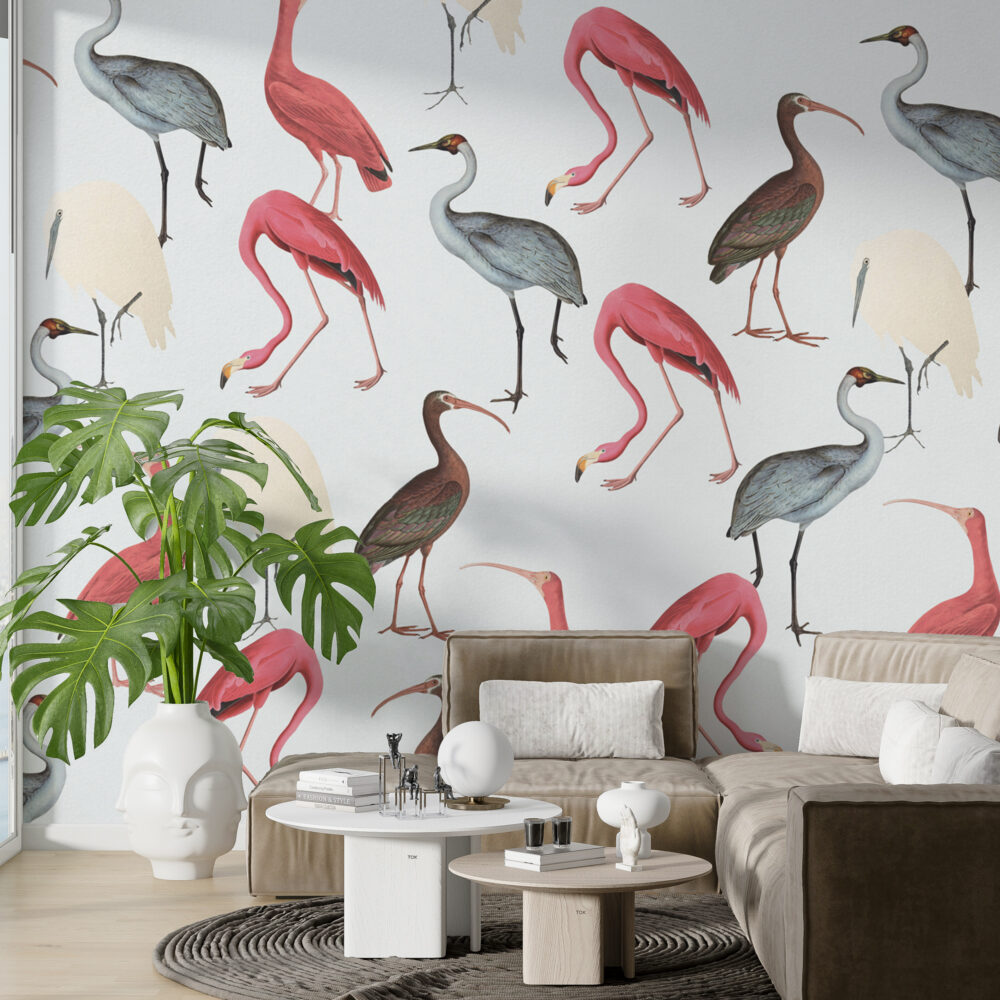Flamingo And Ibis Wallpaper : Pastel Wading Birds Mural