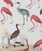 Flamingo And Ibis Wallpaper : Pastel Wading Birds Mural - View 3