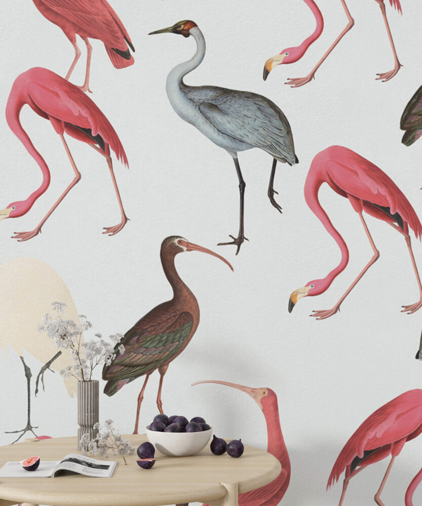 Flamingo And Ibis Wallpaper : Pastel Wading Birds Mural - View 3