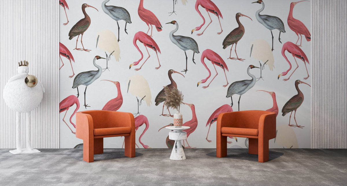 Flamingo And Ibis Wallpaper : Pastel Wading Birds Mural - View 4