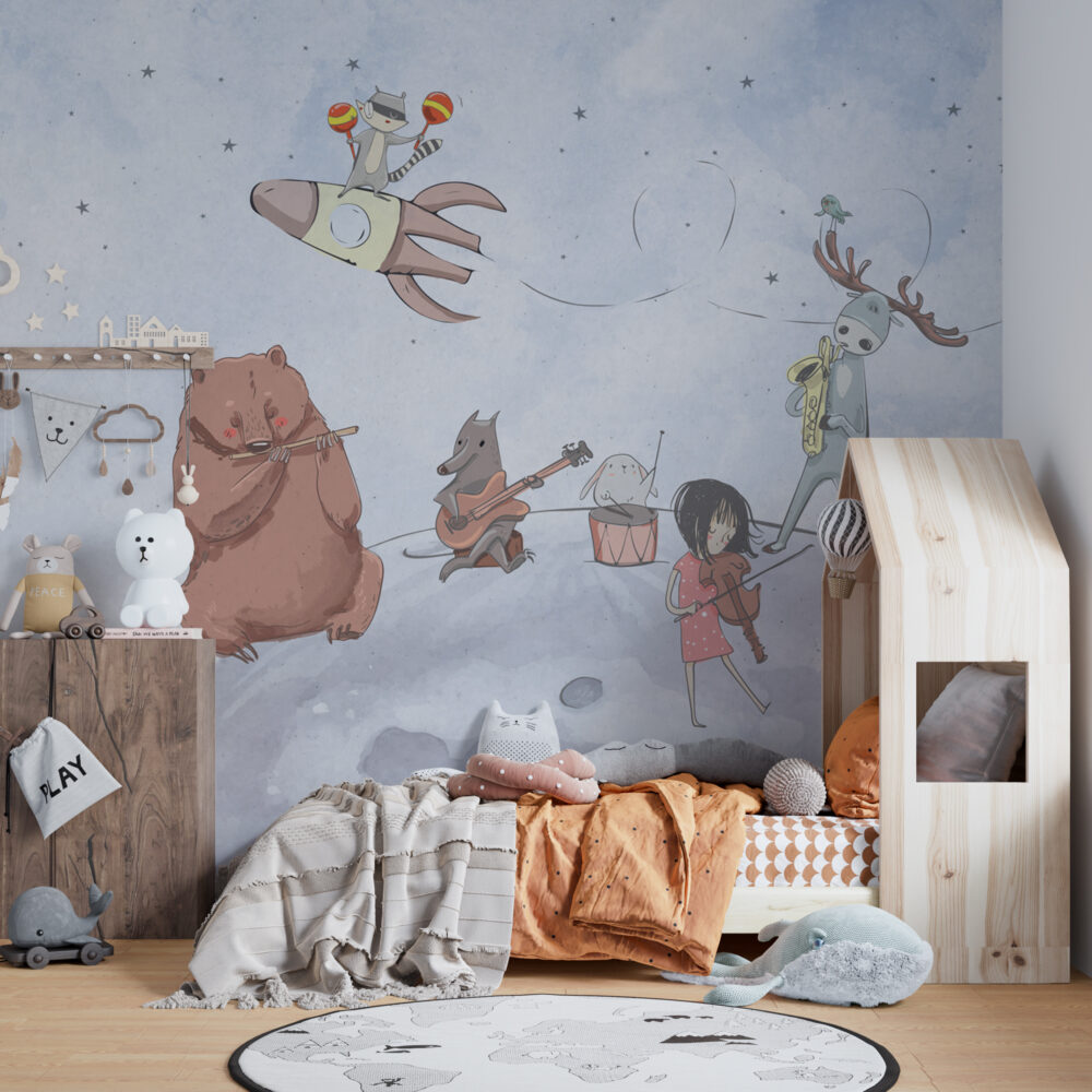 Moon Band Animals Wallpaper : Musical Kids Storybook Mural - View 3
