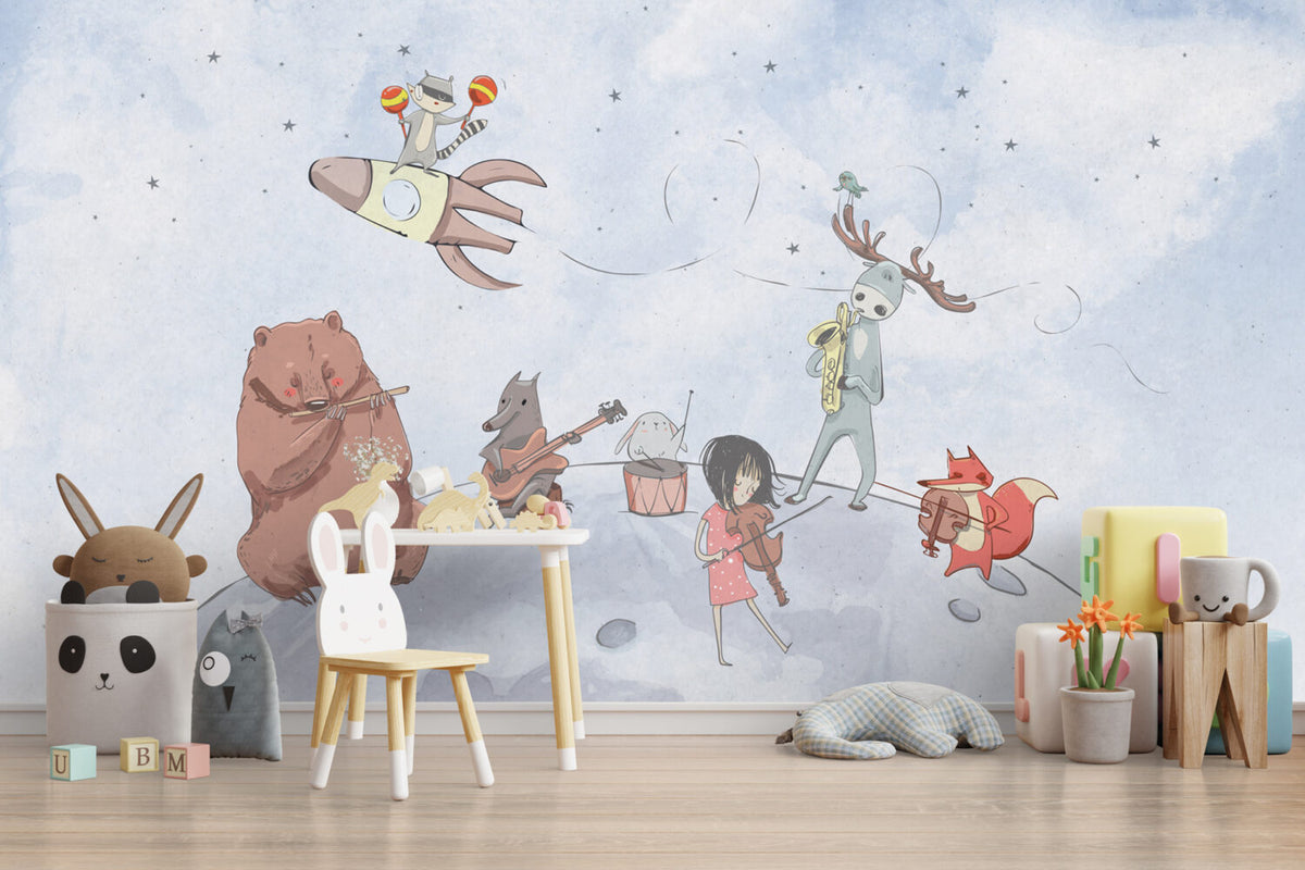 Moon Band Animals Wallpaper : Musical Kids Storybook Mural - View 4
