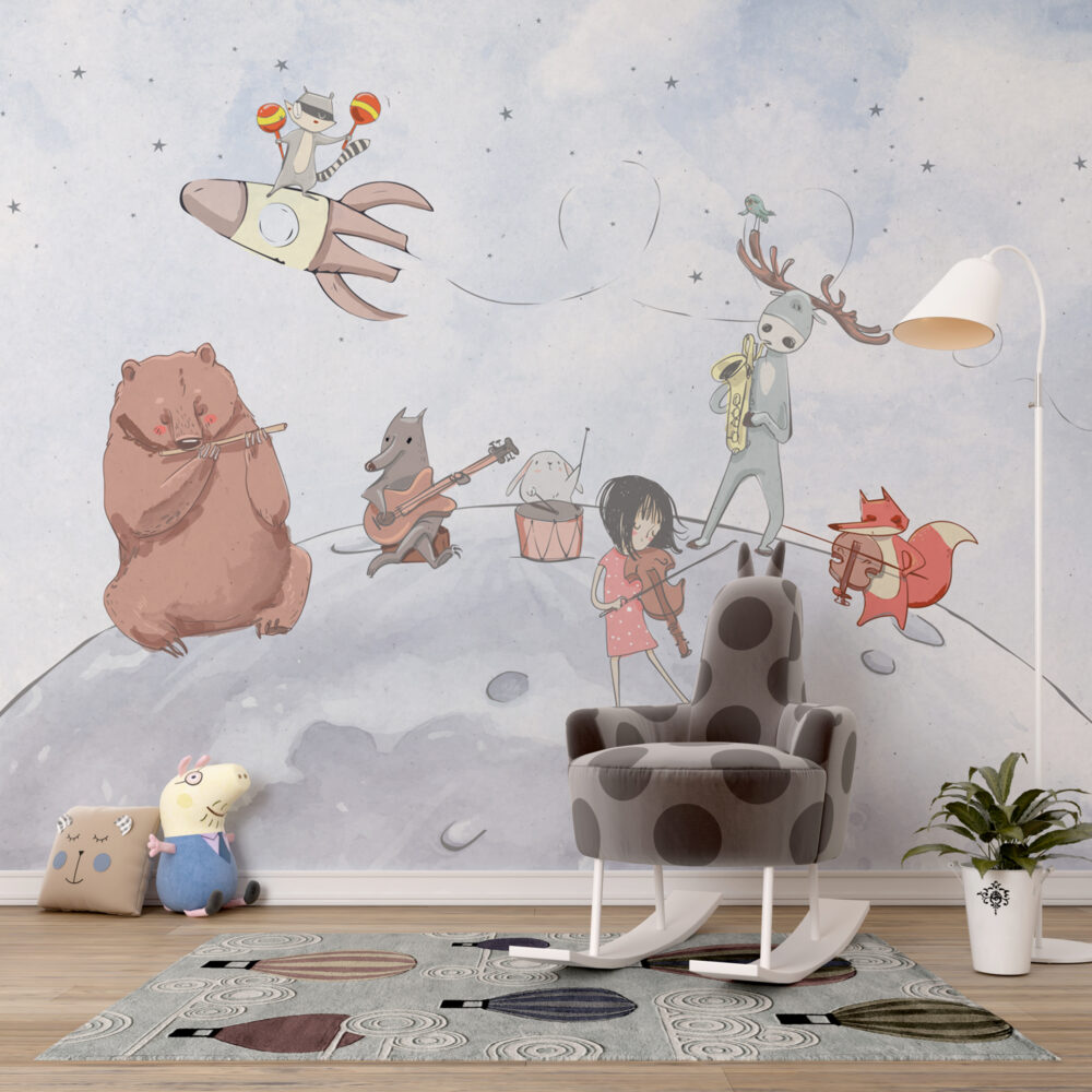Moon Band Animals Wallpaper : Musical Kids Storybook Mural