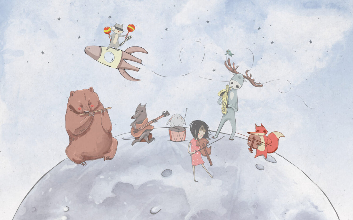 Moon Band Animals Wallpaper : Musical Kids Storybook Mural - View 2