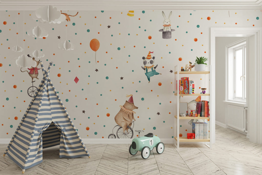 Circus Animals Polka Dot Wallpaper : Panda Clown Kids Mural - View 6