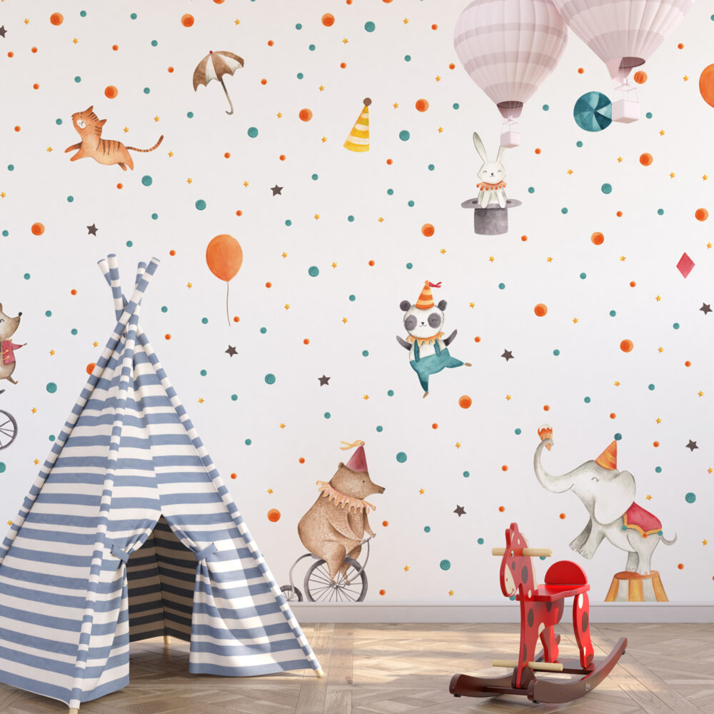 Circus Animals Polka Dot Wallpaper : Panda Clown Kids Mural