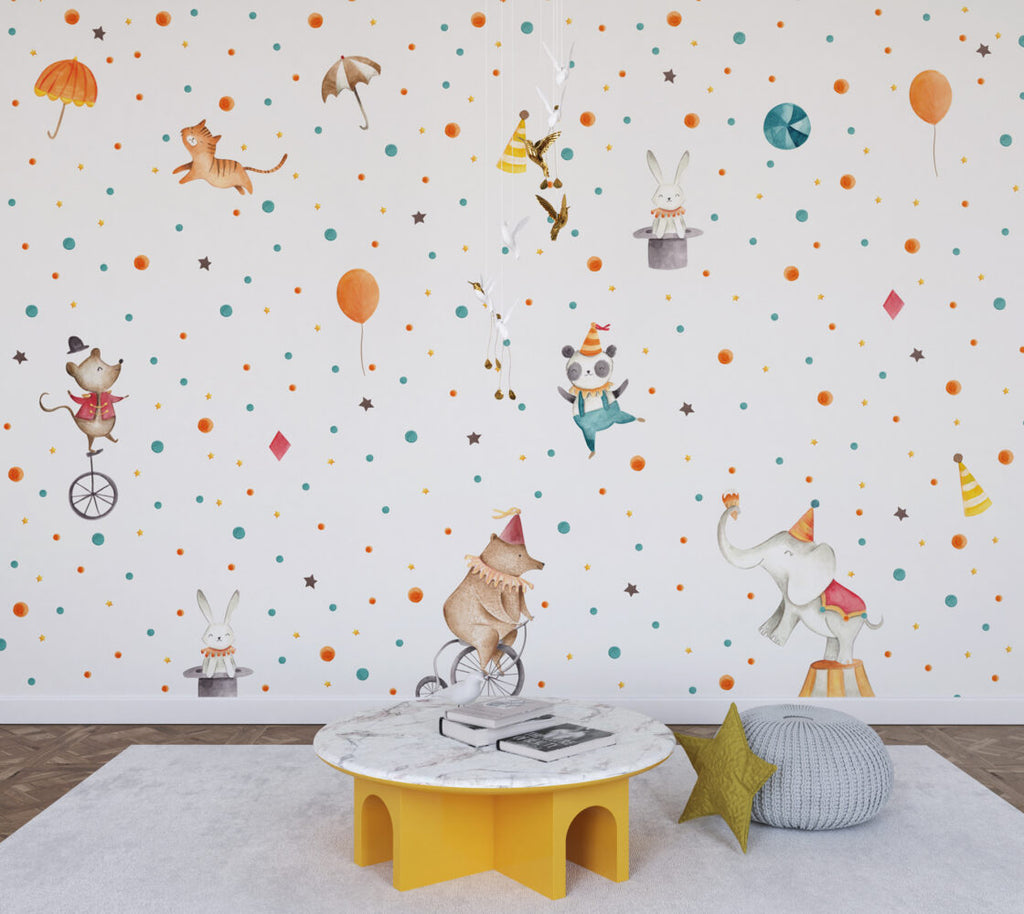 Circus Animals Polka Dot Wallpaper : Panda Clown Kids Mural - View 3