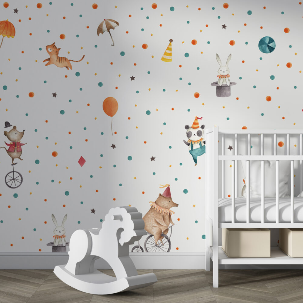 Circus Animals Polka Dot Wallpaper : Panda Clown Kids Mural - View 4