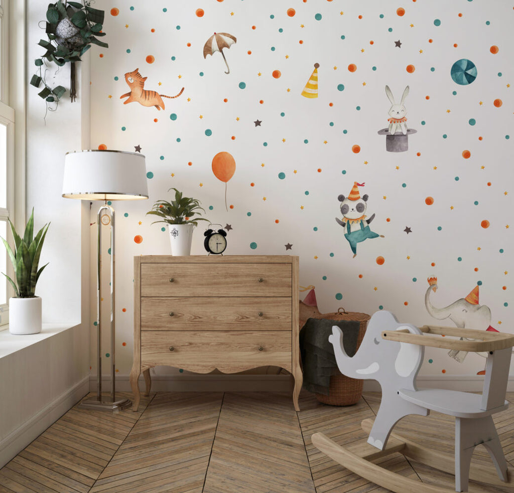 Circus Animals Polka Dot Wallpaper : Panda Clown Kids Mural - View 5