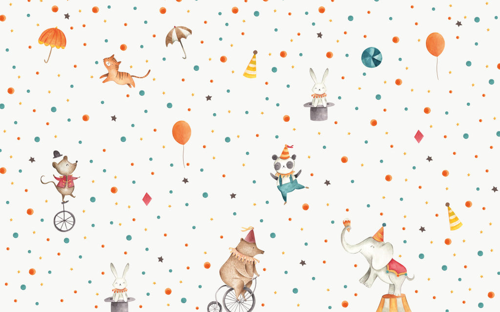 Circus Animals Polka Dot Wallpaper : Panda Clown Kids Mural - View 2