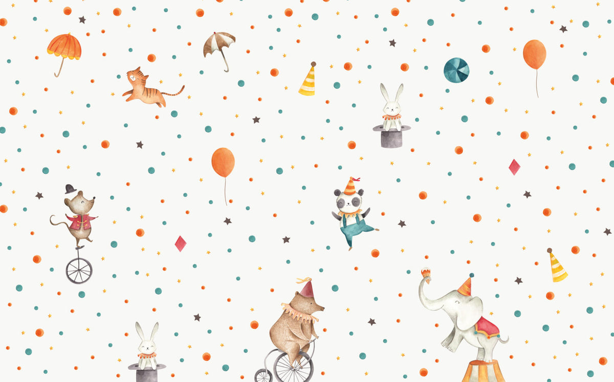 Circus Animals Polka Dot Wallpaper : Panda Clown Kids Mural - View 2