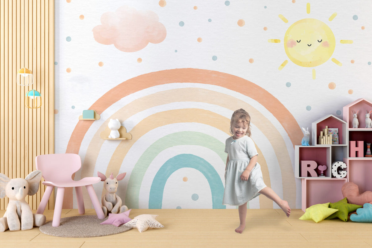 Pastel Rainbow Sun Wallpaper : Clouds And Rainbow Kids Mural
