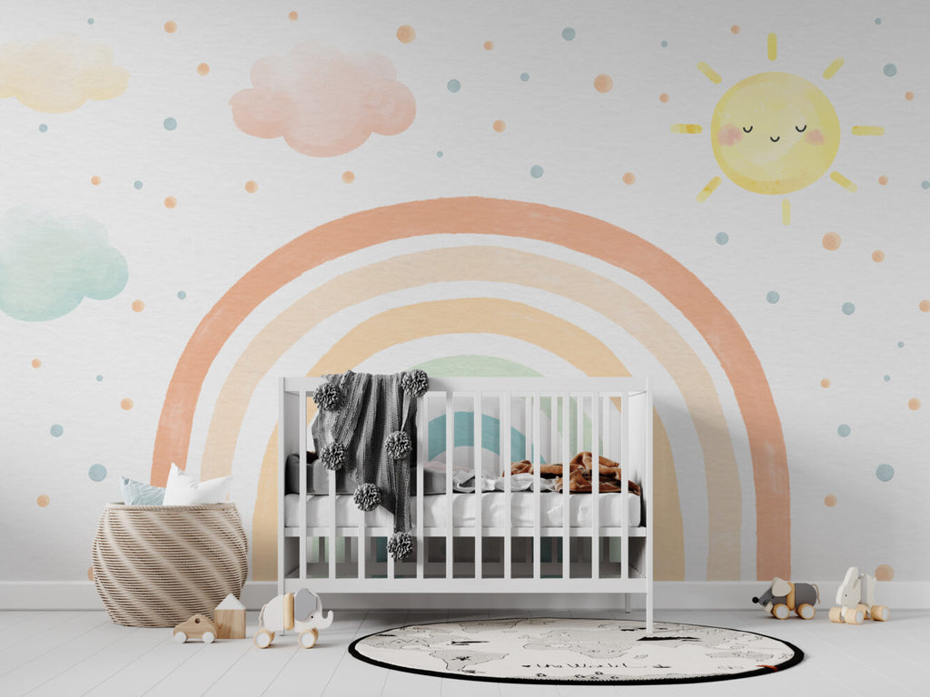 Pastel Rainbow Sun Wallpaper : Clouds And Rainbow Kids Mural - View 6