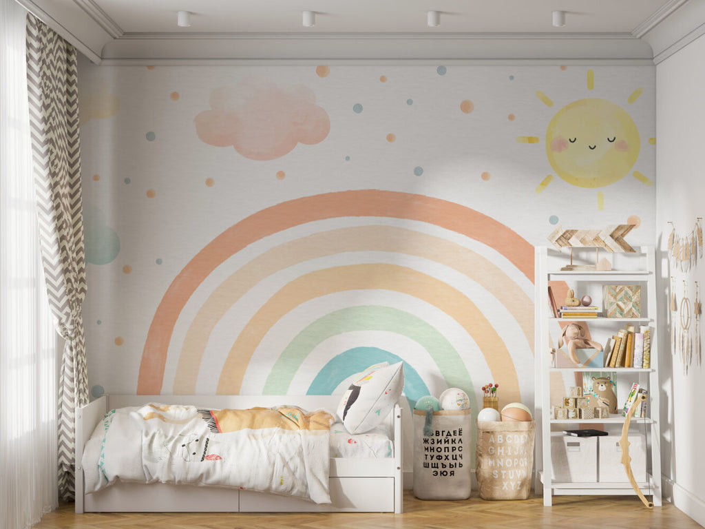 Pastel Rainbow Sun Wallpaper : Clouds And Rainbow Kids Mural - View 3
