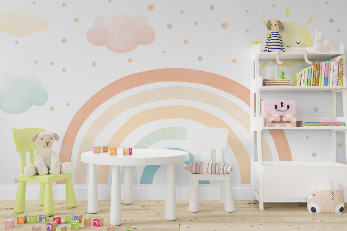 Pastel Rainbow Sun Wallpaper : Clouds And Rainbow Kids Mural - View 5