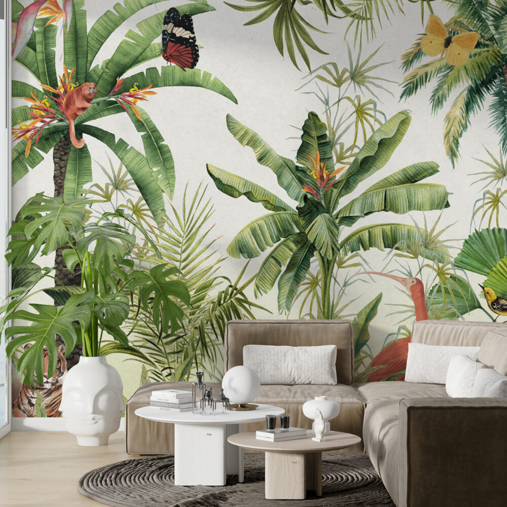 Jungle Banana Leaf Wallpaper : Bright Tropical Animals Mural - View 5