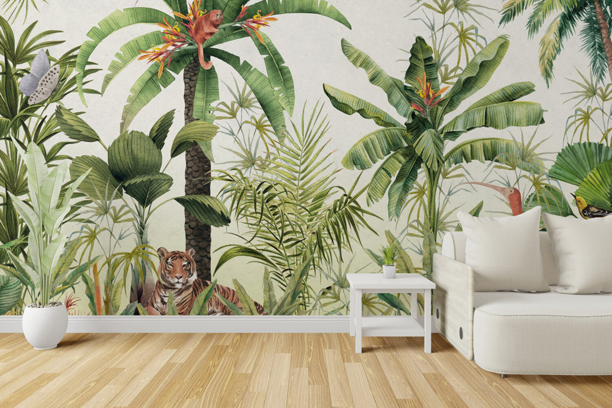 Jungle Banana Leaf Wallpaper : Bright Tropical Animals Mural - View 6