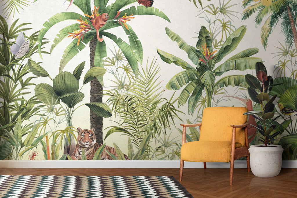 Jungle Banana Leaf Wallpaper : Bright Tropical Animals Mural - View 3