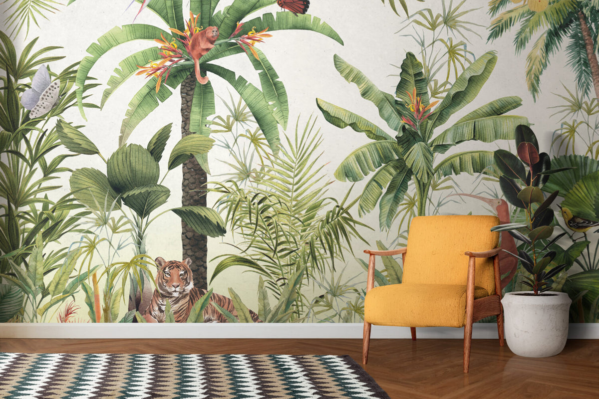 Jungle Banana Leaf Wallpaper : Bright Tropical Animals Mural - View 3