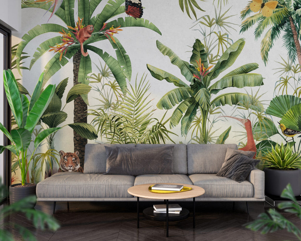 Jungle Banana Leaf Wallpaper : Bright Tropical Animals Mural - View 4