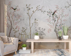 Grey Garden Birds Wallpaper : Sketched Branches Mural
