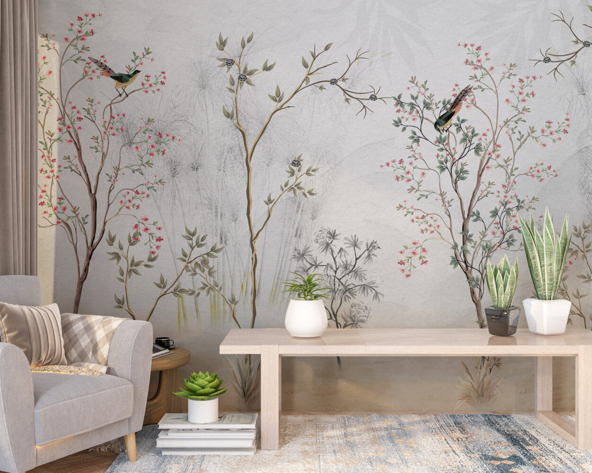 Grey Garden Birds Wallpaper : Sketched Branches Mural