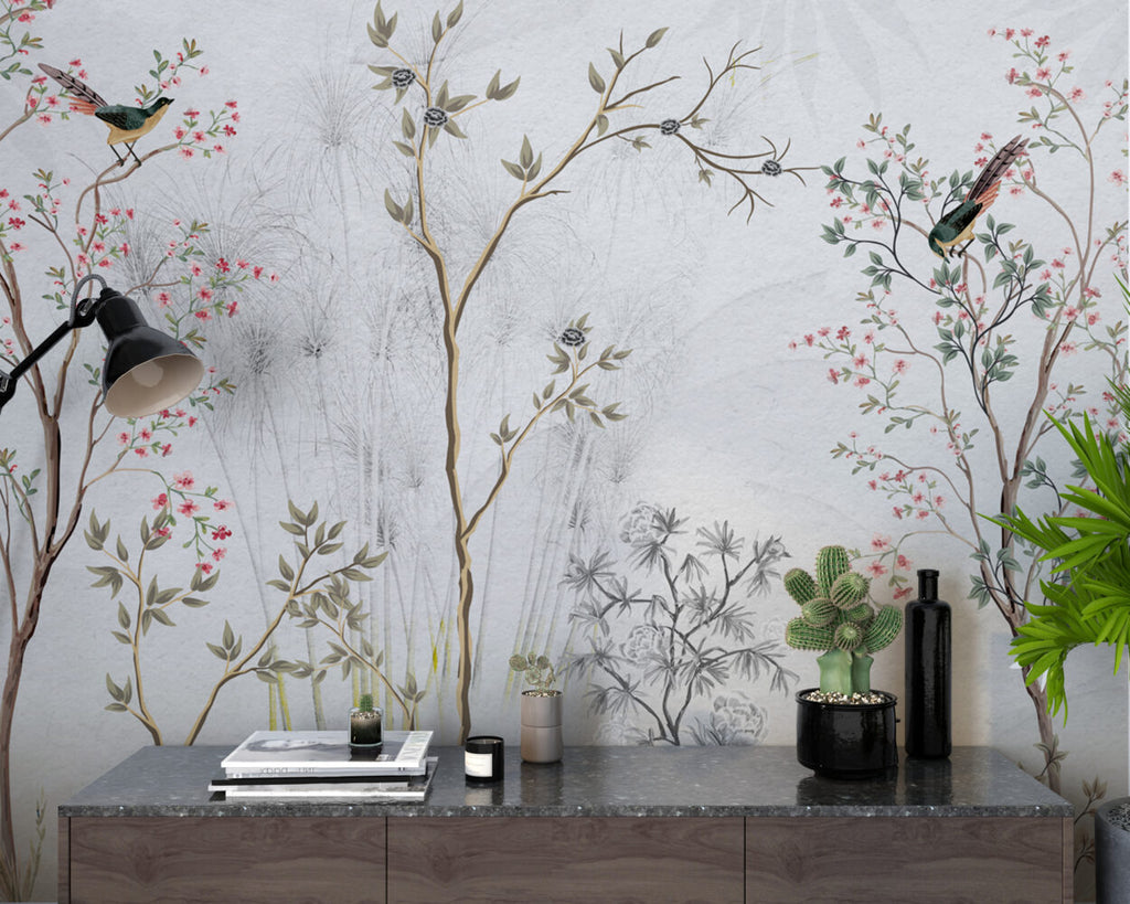 Grey Garden Birds Wallpaper : Sketched Branches Mural - View 5
