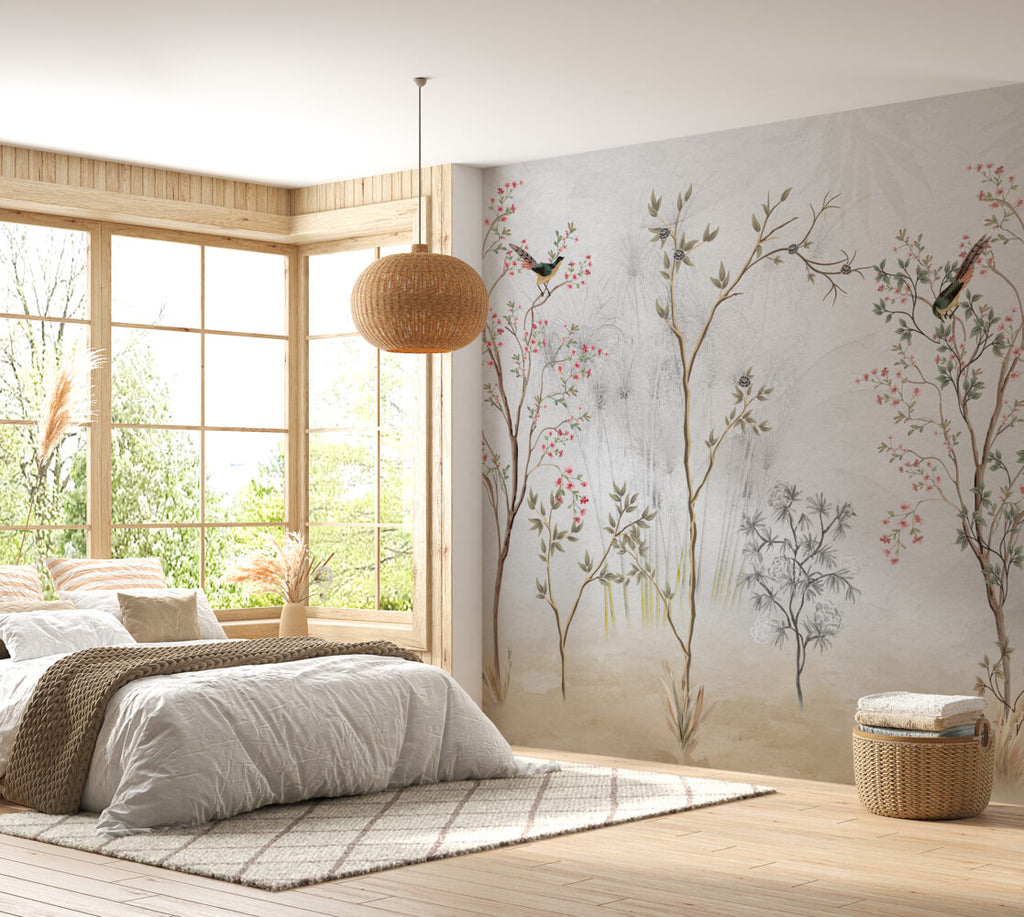 Grey Garden Birds Wallpaper : Sketched Branches Mural - View 6