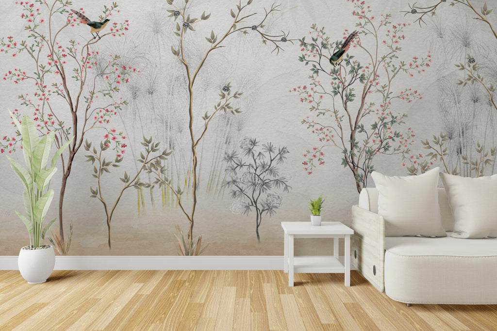 Grey Garden Birds Wallpaper : Sketched Branches Mural - View 3