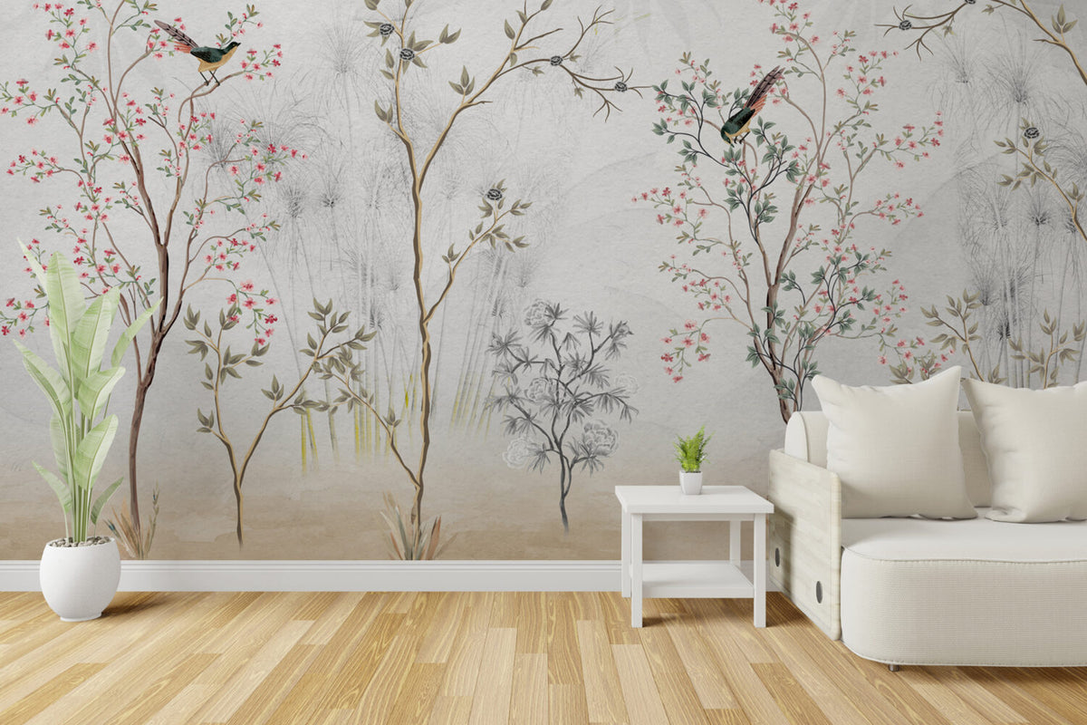 Grey Garden Birds Wallpaper : Sketched Branches Mural - View 3