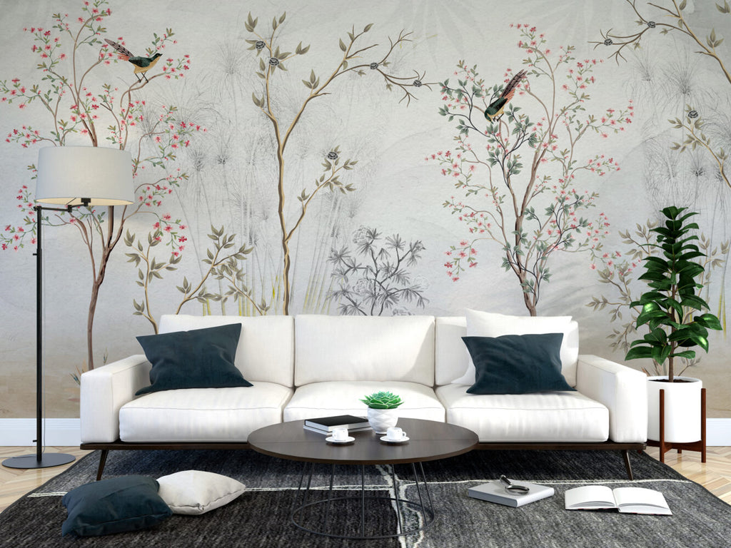 Grey Garden Birds Wallpaper : Sketched Branches Mural - View 4