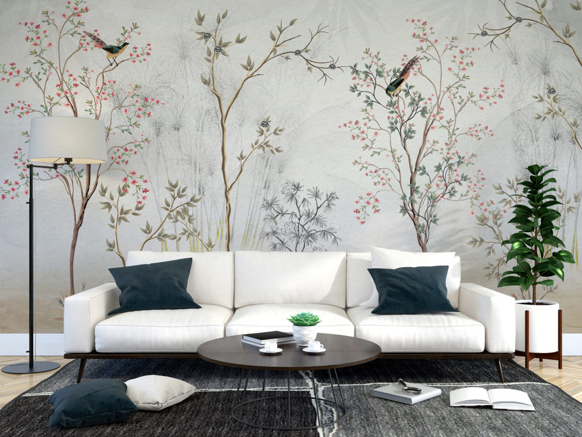 Grey Garden Birds Wallpaper : Sketched Branches Mural - View 4