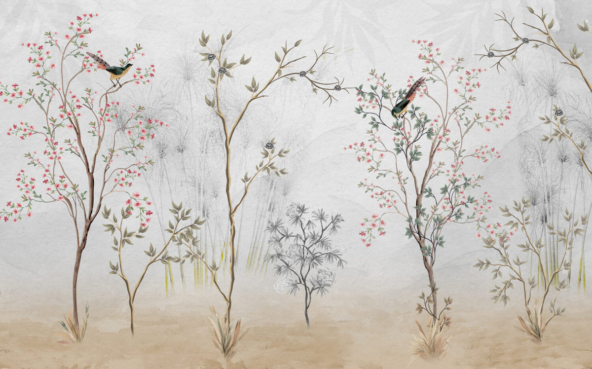 Grey Garden Birds Wallpaper : Sketched Branches Mural - View 2