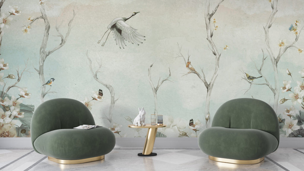 Sage Stork Branch Wallpaper : Misty Green Bird Mural - View 3