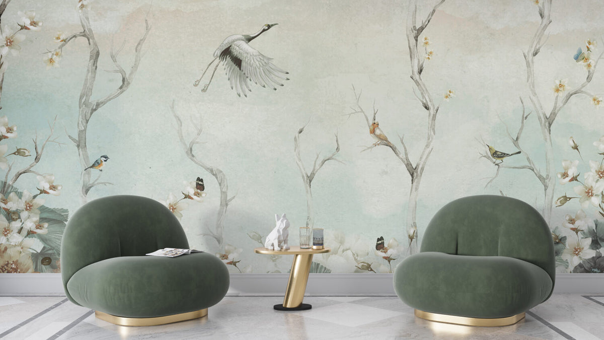 Sage Stork Branch Wallpaper : Misty Green Bird Mural - View 3