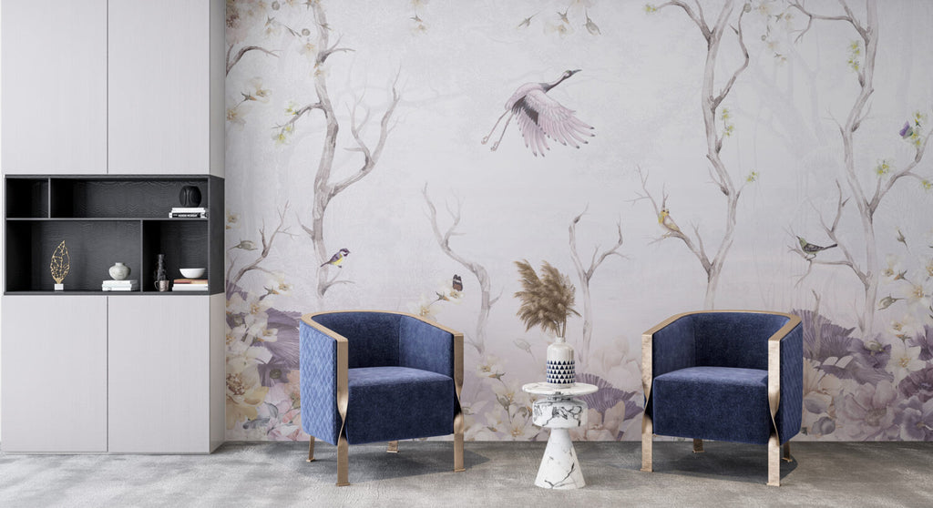 Pale Lilac Stork Wallpaper : Soft Bare Branch Mural - View 3