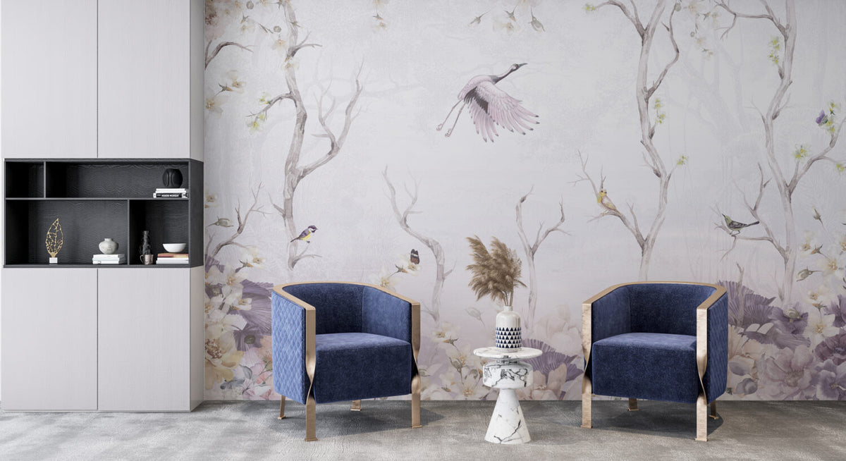 Pale Lilac Stork Wallpaper : Soft Bare Branch Mural - View 3