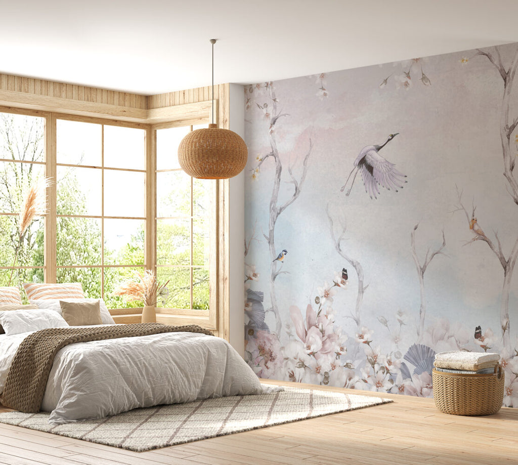 Blue Stork Branch Wallpaper : Pastel Flying Crane Mural - View 5