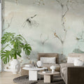 Sage Stork Branch Wallpaper : Misty Green Bird Mural