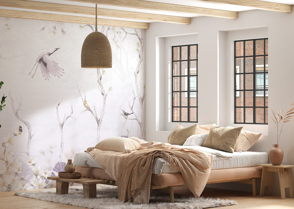 Pale Lilac Stork Wallpaper : Soft Bare Branch Mural - View 4