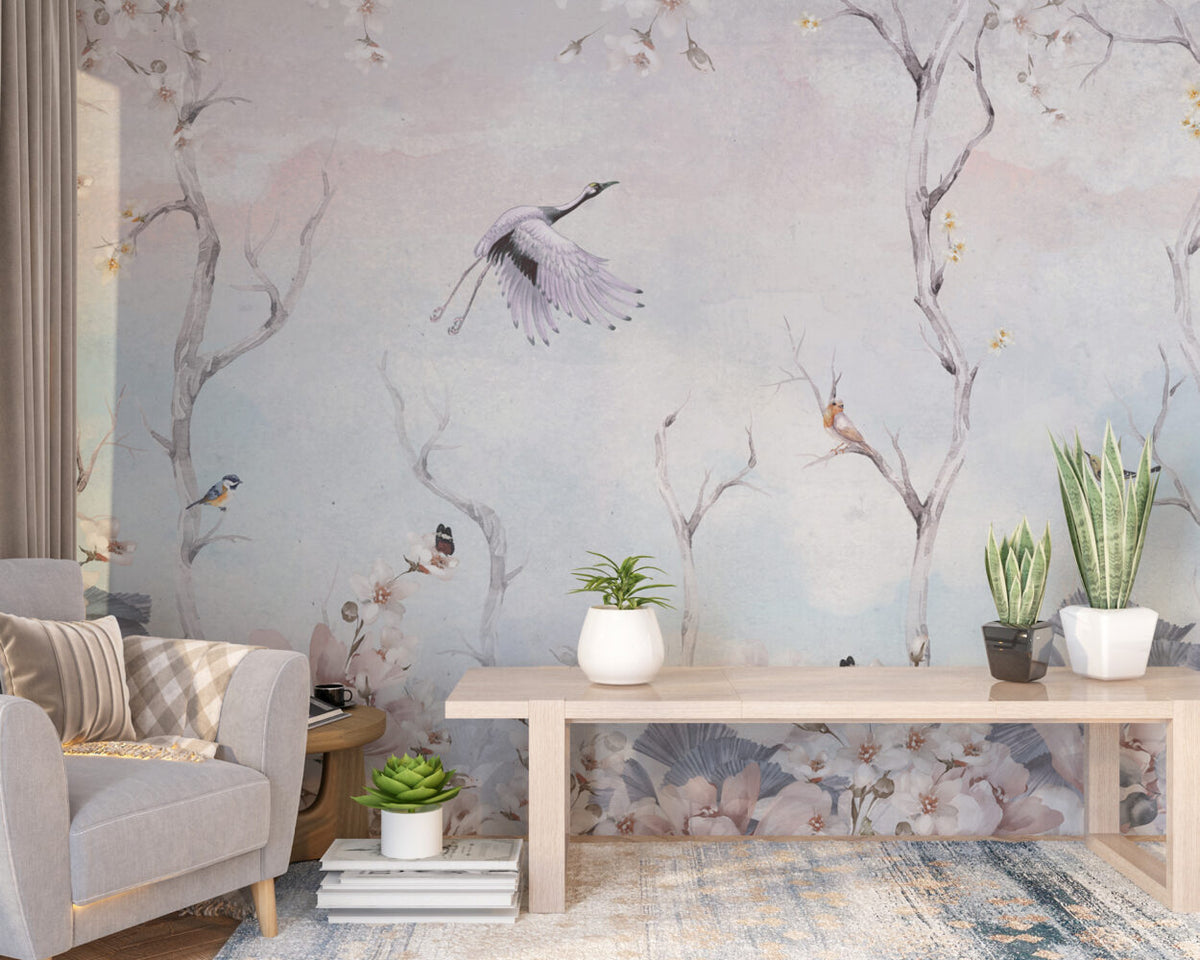 Blue Stork Branch Wallpaper : Pastel Flying Crane Mural